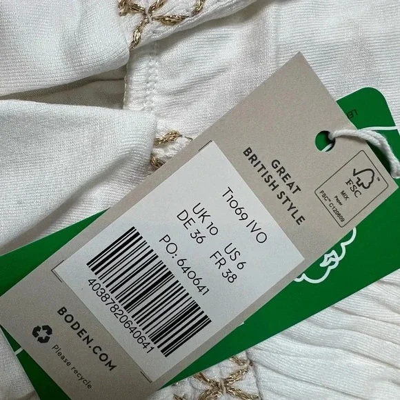 Boden WOMEN'S US 6 Ivory Smocked Yoke Gold Metallic Top Blouse Shirt NEW. 46 - Picture 6 of 7